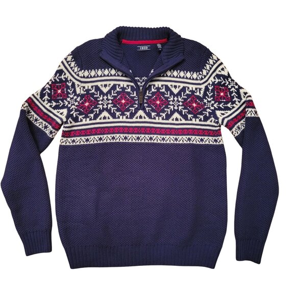 Izod Fair Isle Quarter Zip Sweater M Classic Fit Blue Red Holiday Pullover - Picture 3 of 9